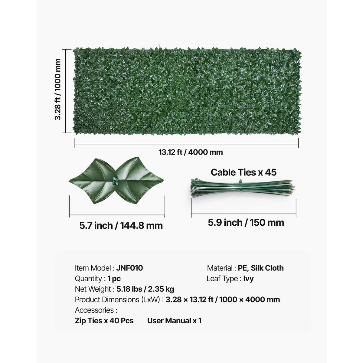 Artificial ivy fence screen with green faux leaves, plus cable ties and leaf pieces