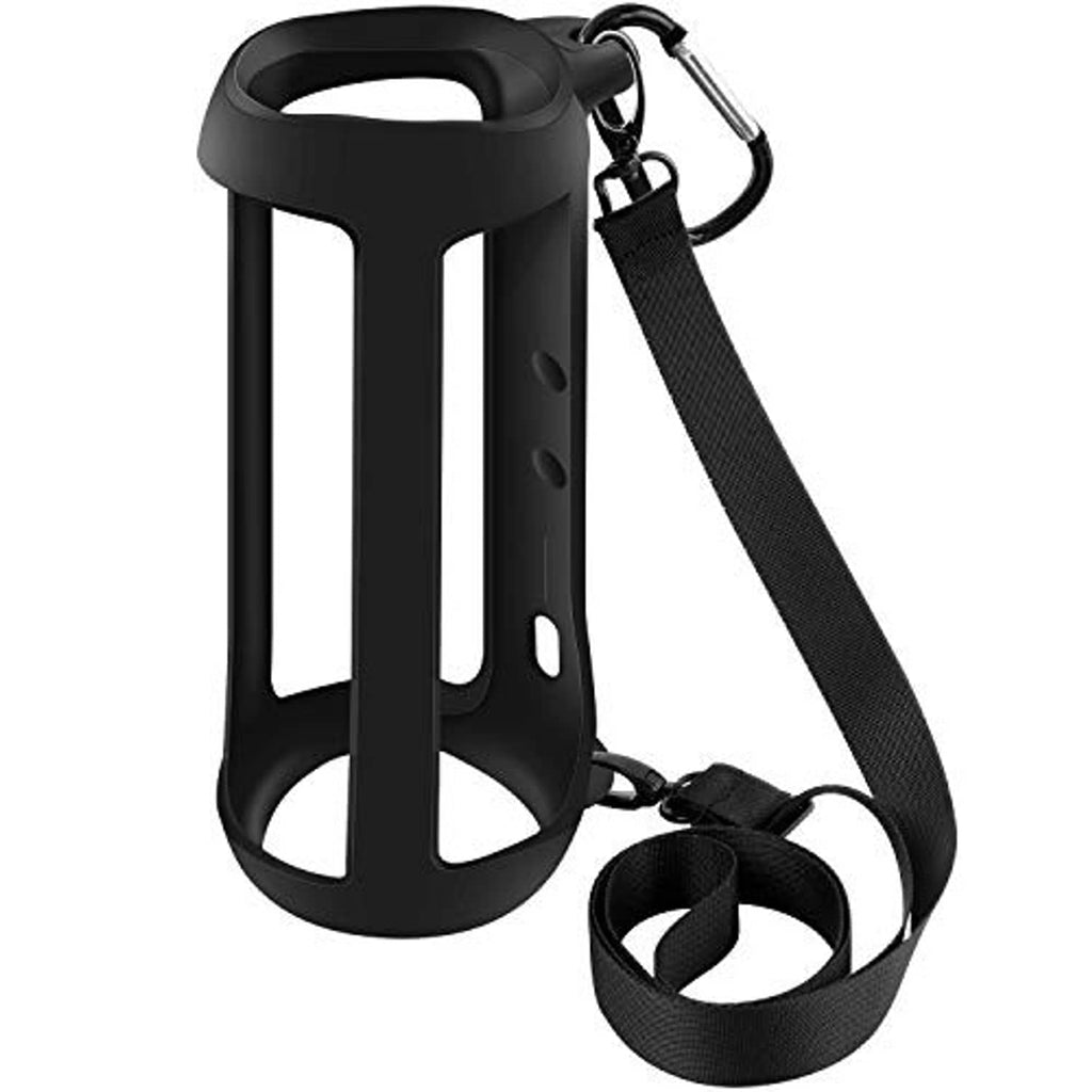 Black silicone speaker case with attached strap and metal carabiner clip for JBL FLIP 5
