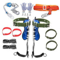 Tree climbing spikes set with green belts, blue leg braces, orange belt, gloves, claws