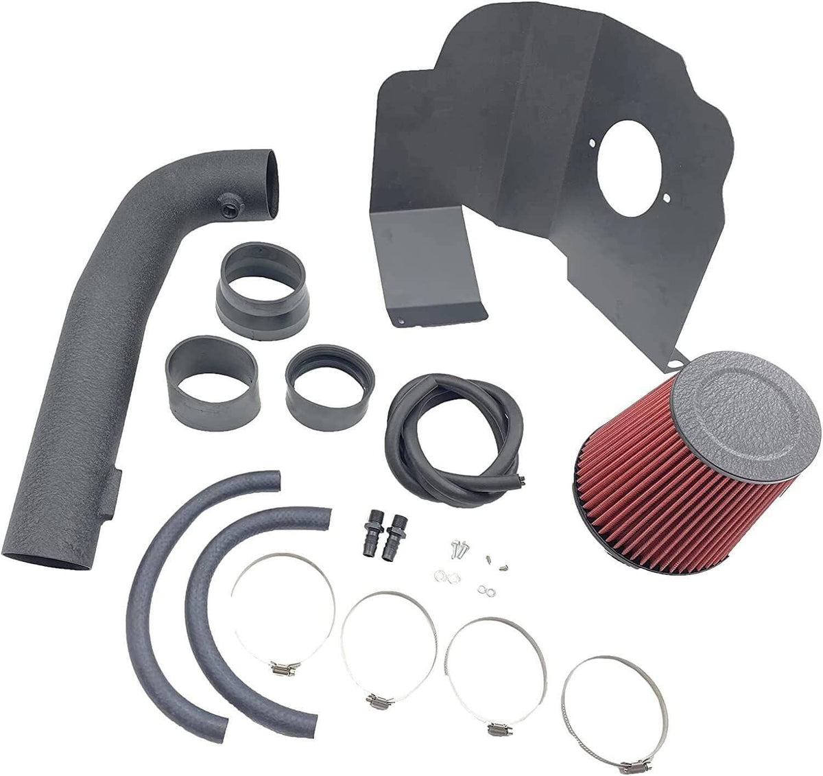 Cold air intake kit components laid out: black tubing, red filter, rings, and hardware