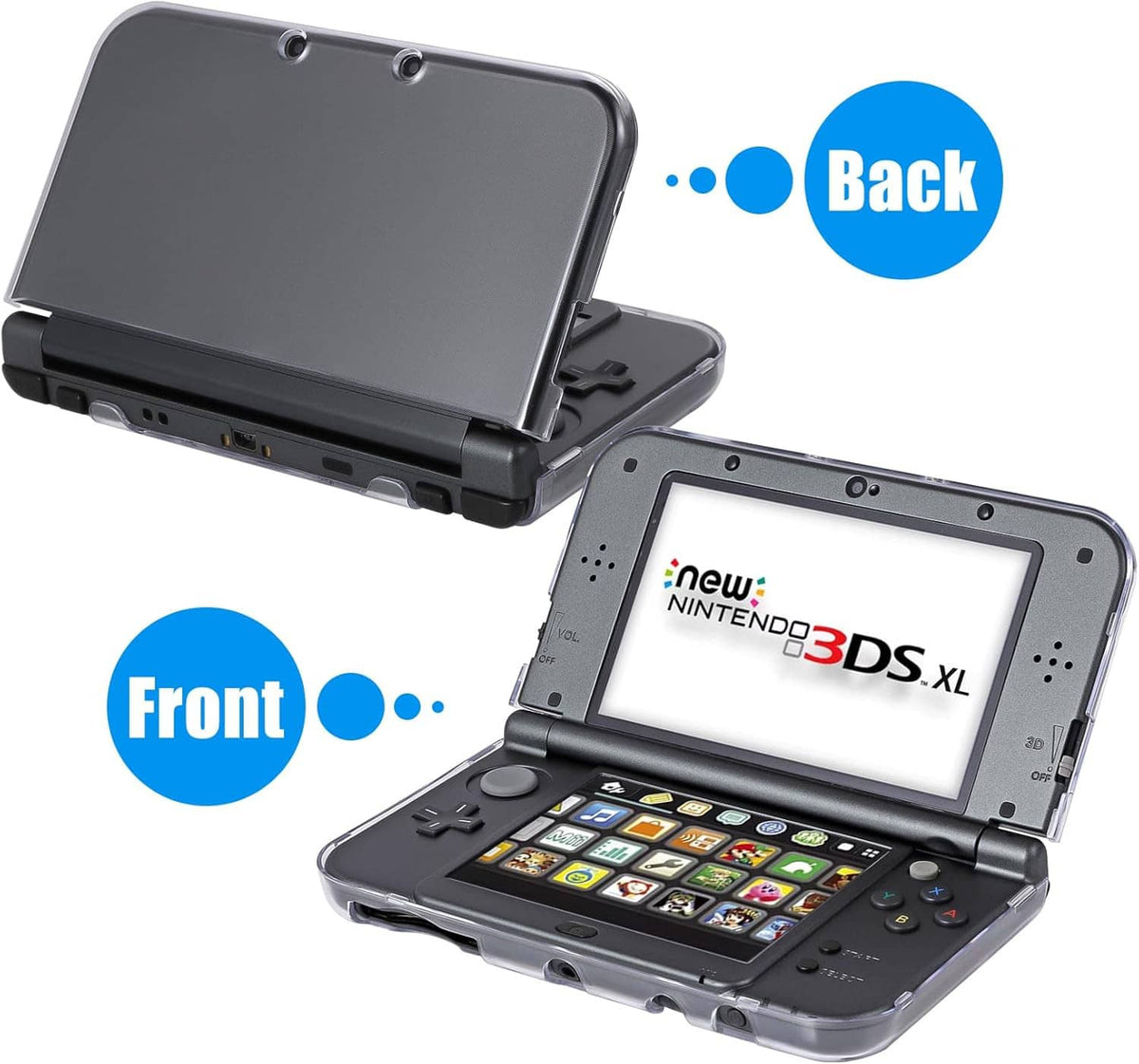 Ultra-clear hard shell case for New Nintendo 3DS XL, front and back views