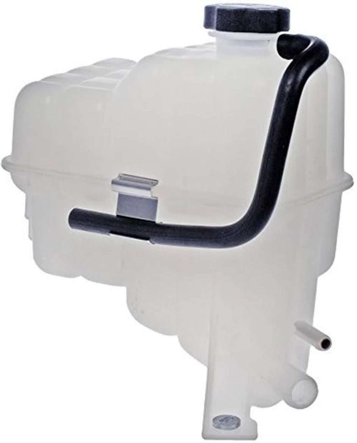 Coolant reservoir with cap and black inlet hose, white body with outlet nozzle