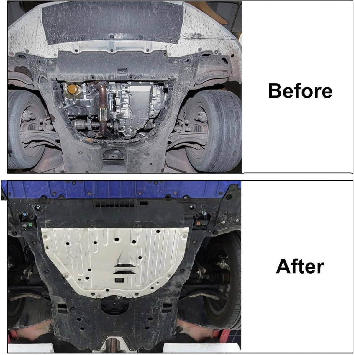 Front engine splash guard replacement panel for under-car protection, silver metal