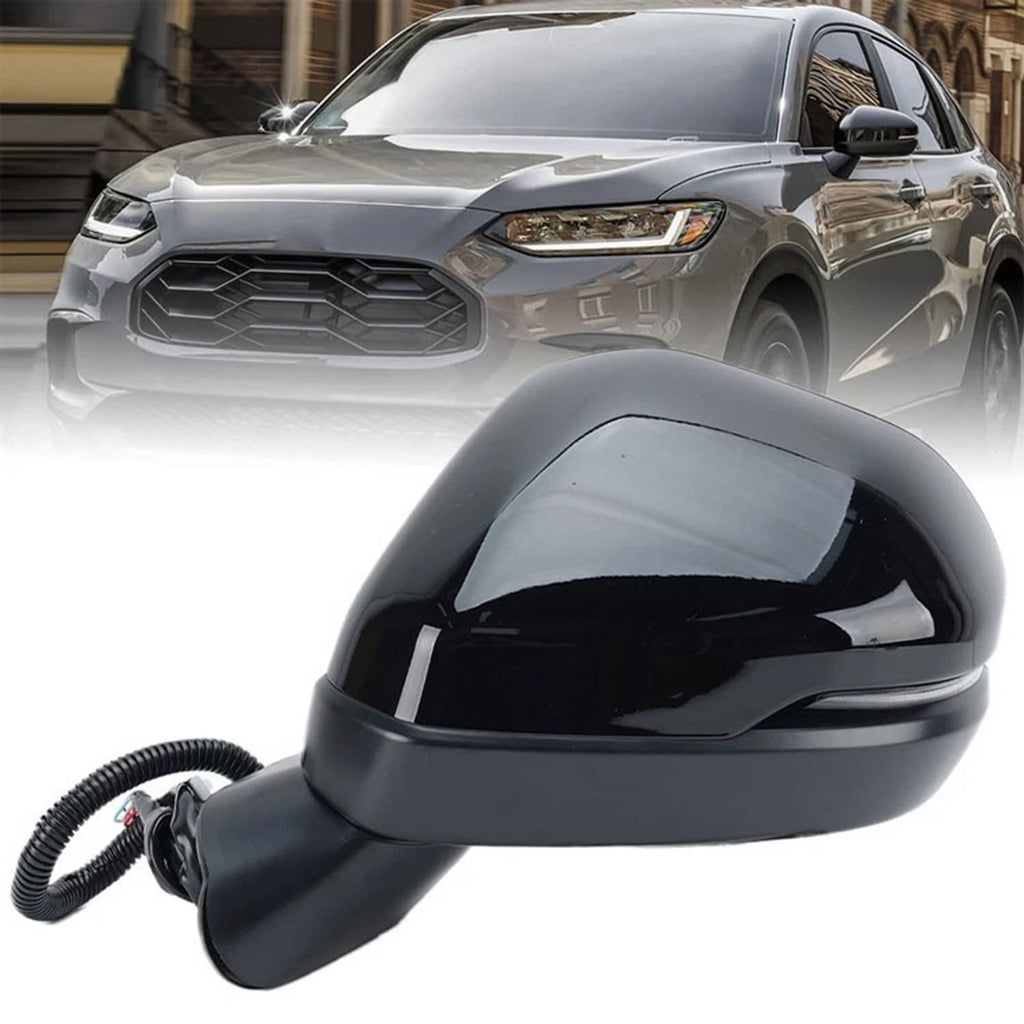 Side mirror with glossy black housing and clear lens panel