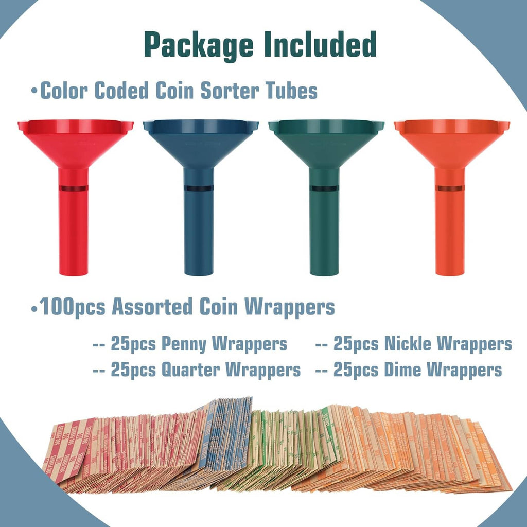 Color-coded coin sorter tubes and bundle of assorted coin wrappers, 100 pcs