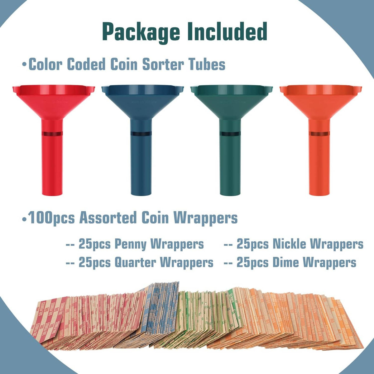 Color-coded coin sorter tubes and bundle of assorted coin wrappers, 100 pcs