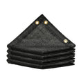 Stacked black shade cloth sheets with reinforced corner grommets, woven mesh.