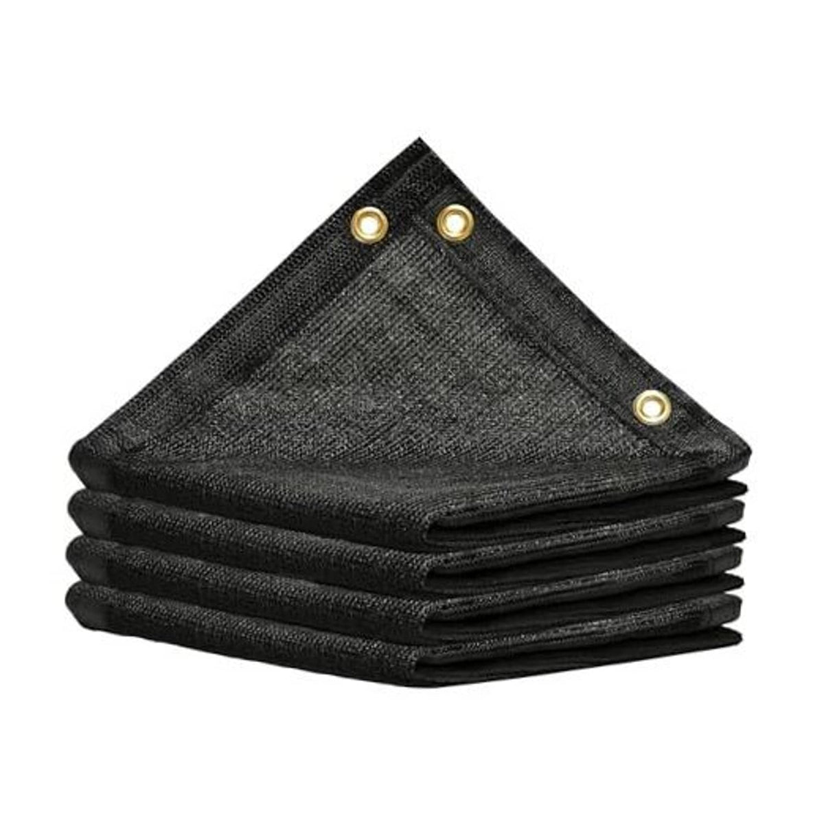Stacked black shade cloth sheets with reinforced corner grommets, woven mesh.