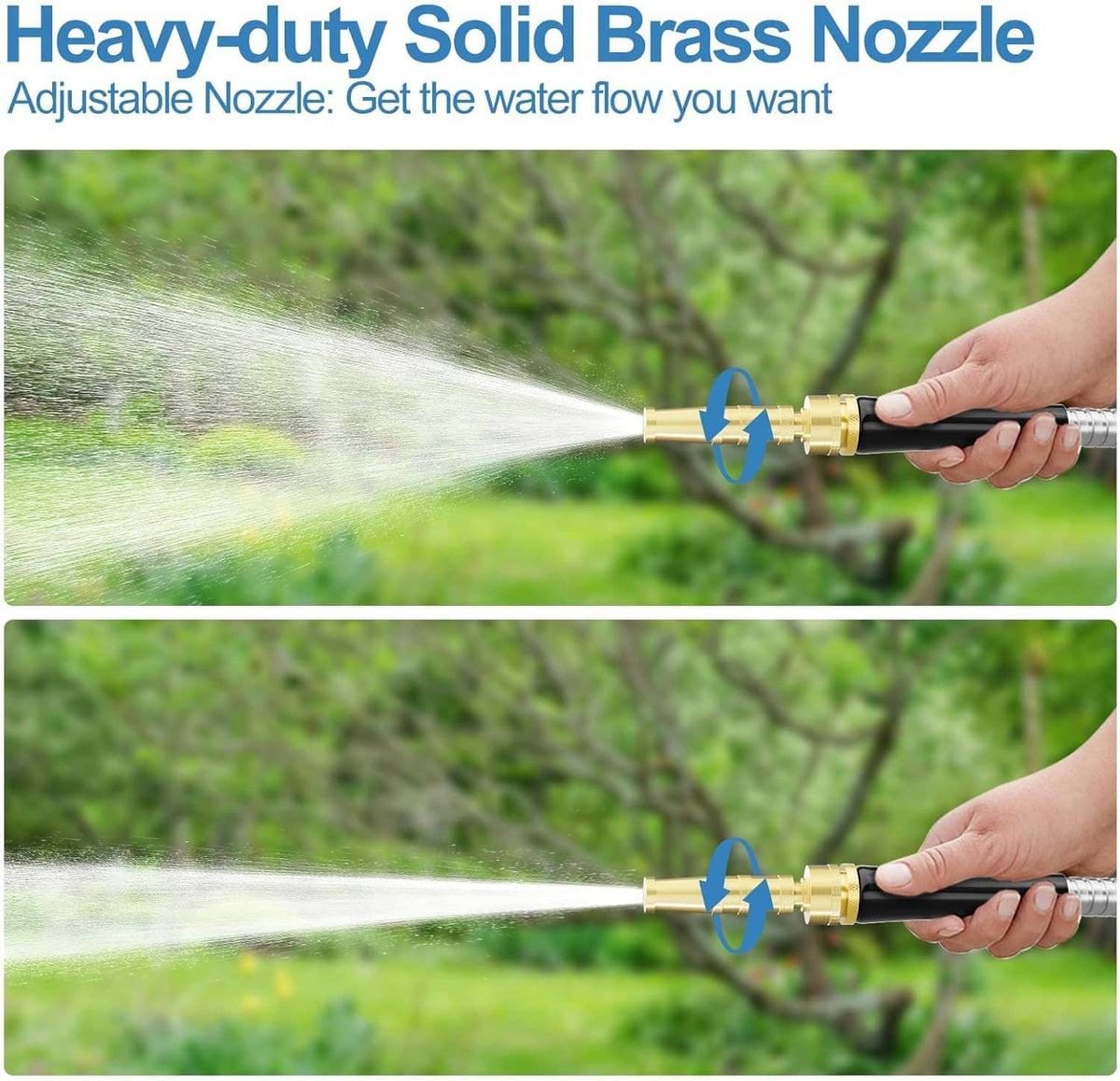 Adjustable solid brass nozzle on a metal water hose, water spray stream