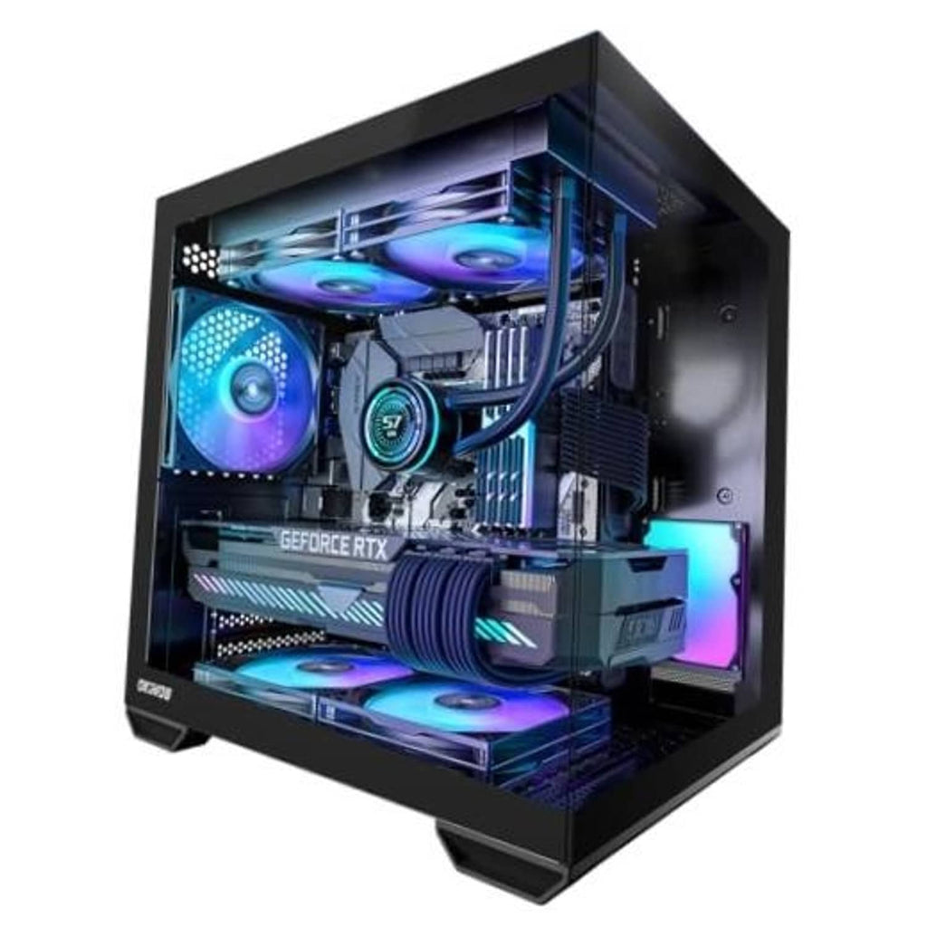 Black PC case with RGB fans and open interior, showing GPU and cooling components.