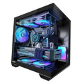 Black PC case with RGB fans and open interior, showing GPU and cooling components.