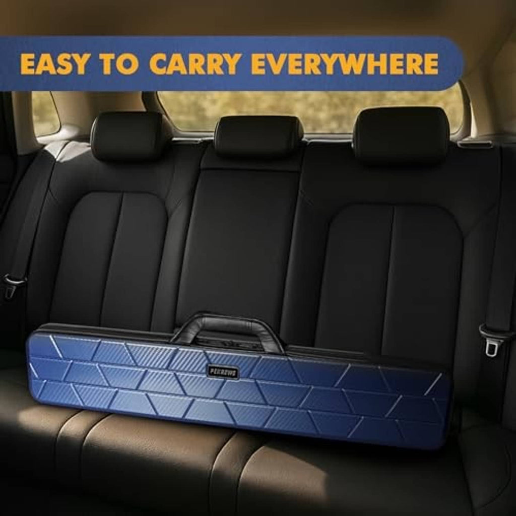 Blue hard shell pool cue case on a black car seat with carry handle