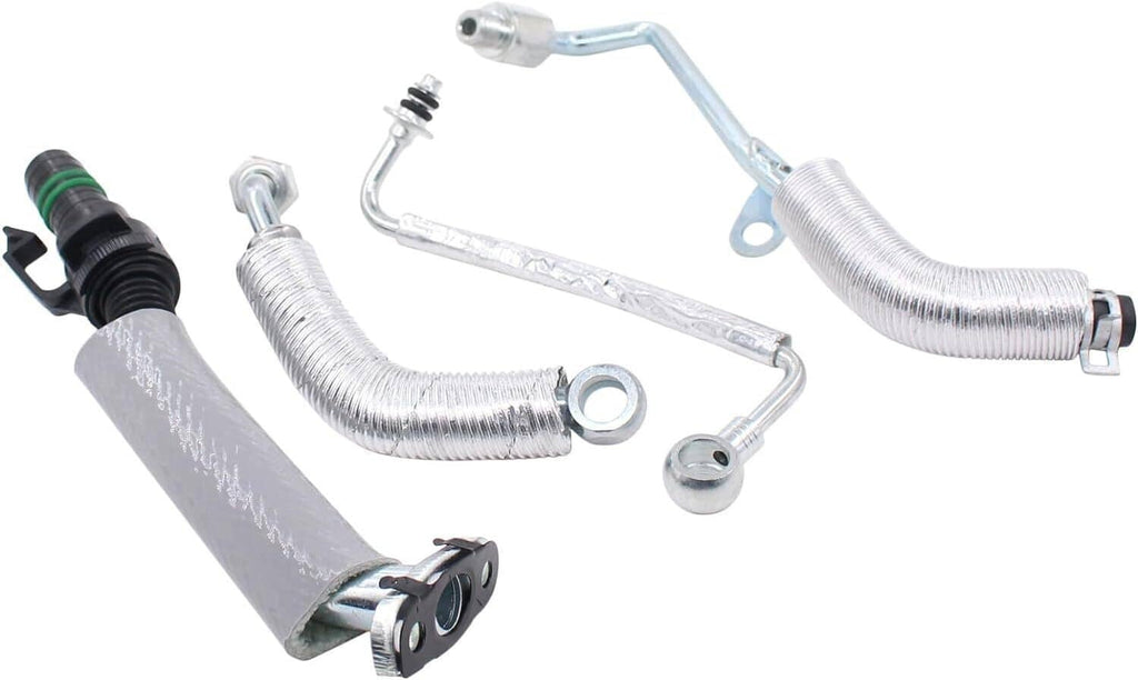 Set of turbo coolant return hose line pieces with multiple metal and hose ends