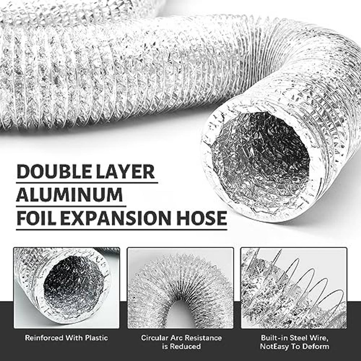 Silver aluminum foil expansion vent hose with reinforced ribbed sections and flared ends