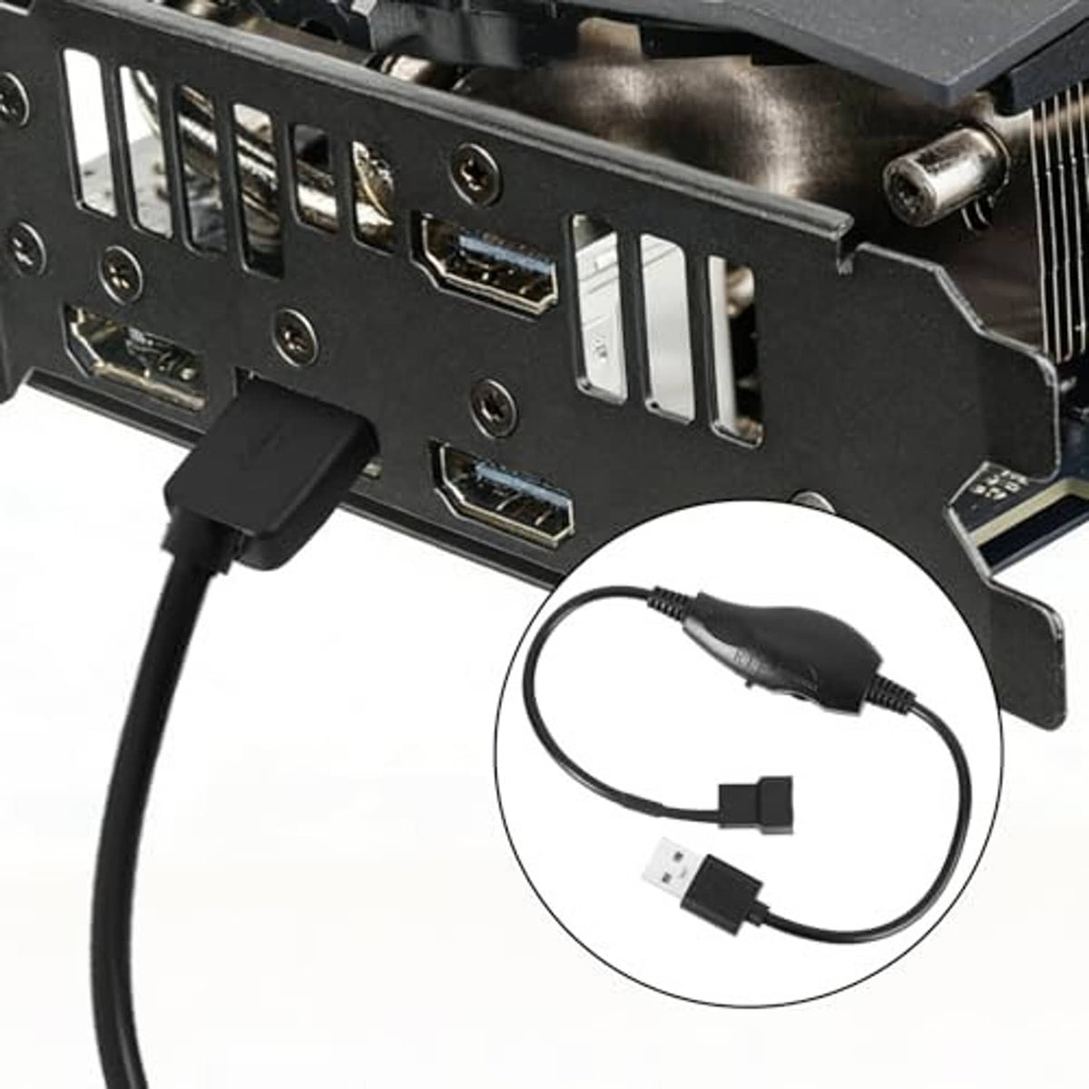 USB-to-4-pin fan speed controller adapter connected to a PC fan header on a motherboard