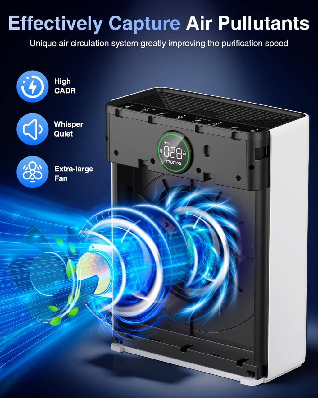 White MOOKA air purifier with side fan intake and illuminated airflow vents