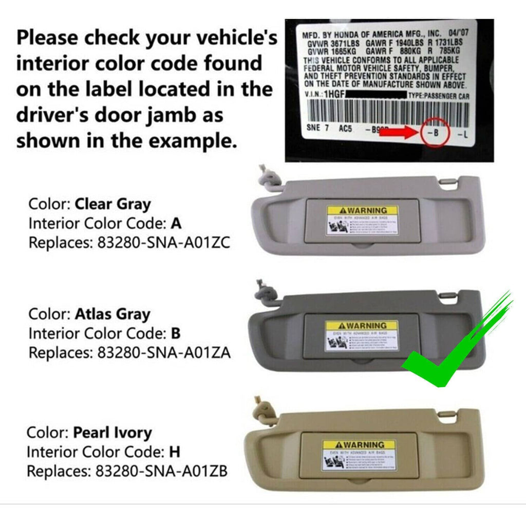 Dark gray sun visor with airbag warning label and clips, shown with interior color code guide
