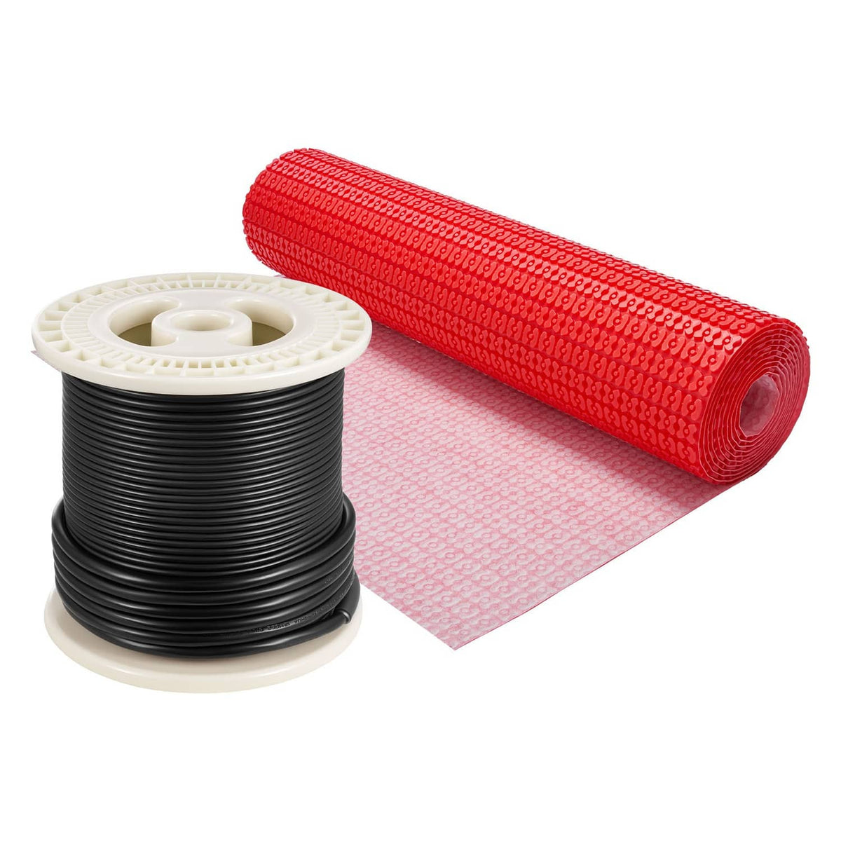 Floor heating mat kit with red radiant mat roll and black wire on spool