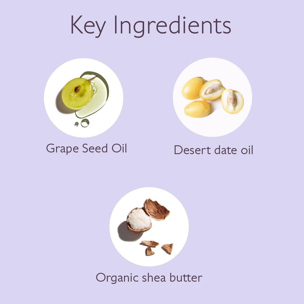 Key ingredients graphic for CAUDALIE body butter: grape seed oil, date oil, shea butter
