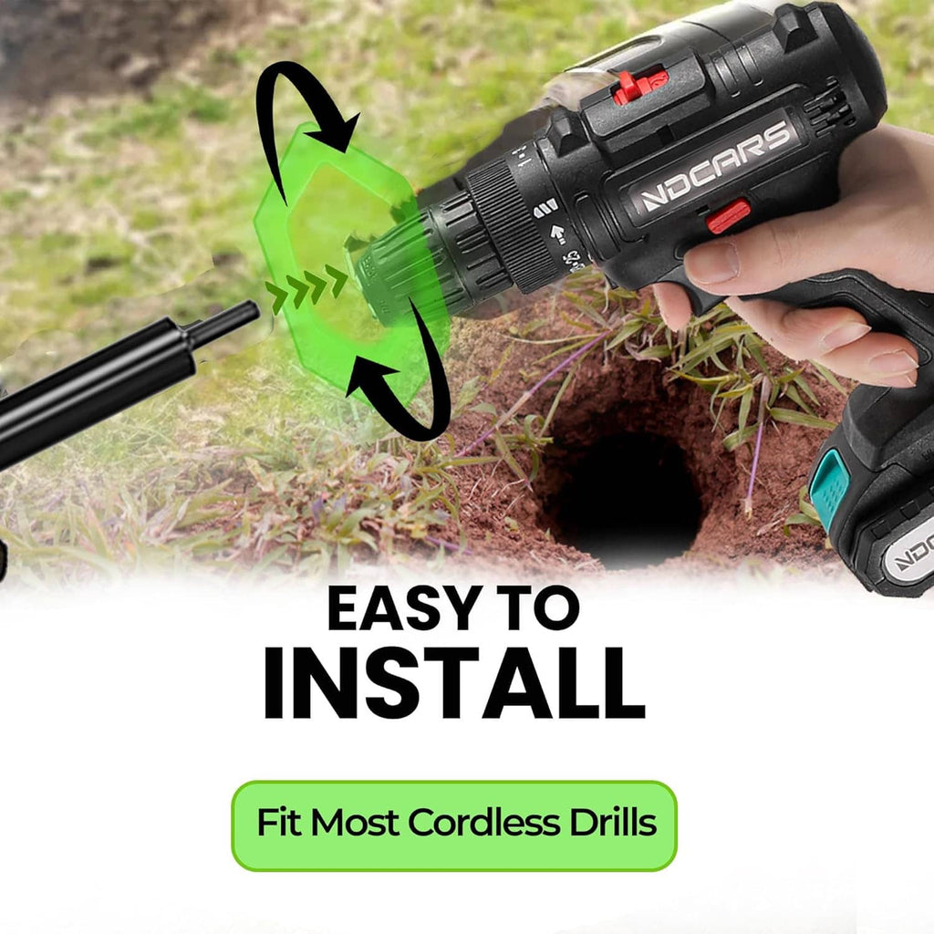 Auger drill bit drilling into soil with a cordless drill for easy installation