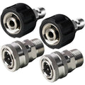 Stainless steel pressure washer quick connect kit with four black and silver couplers