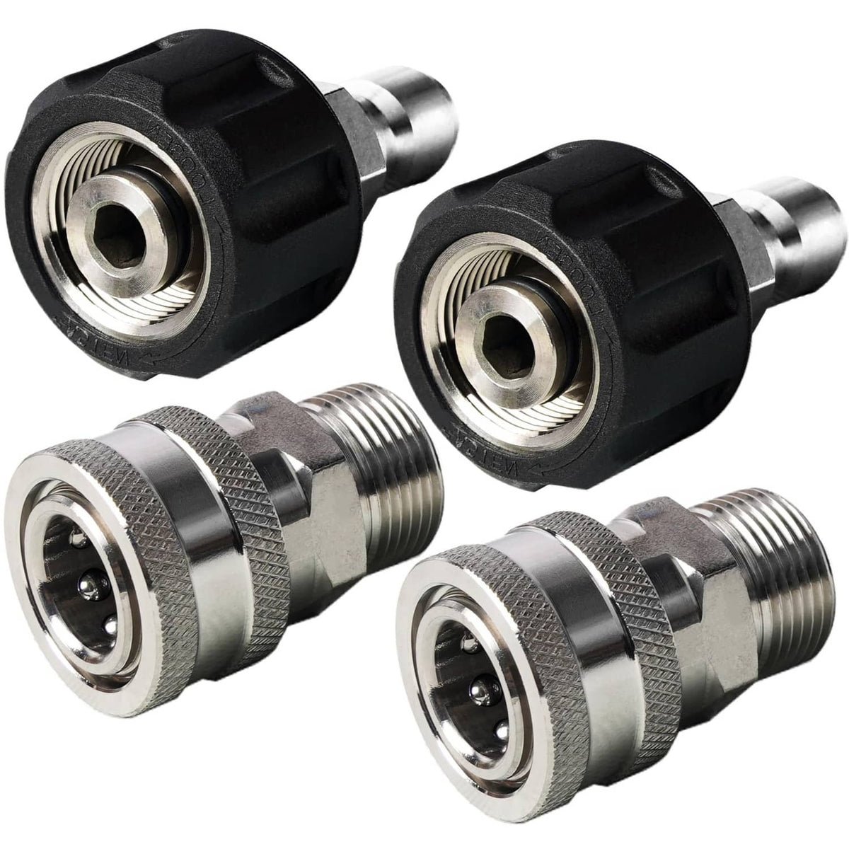 Stainless steel pressure washer quick connect kit with four black and silver couplers