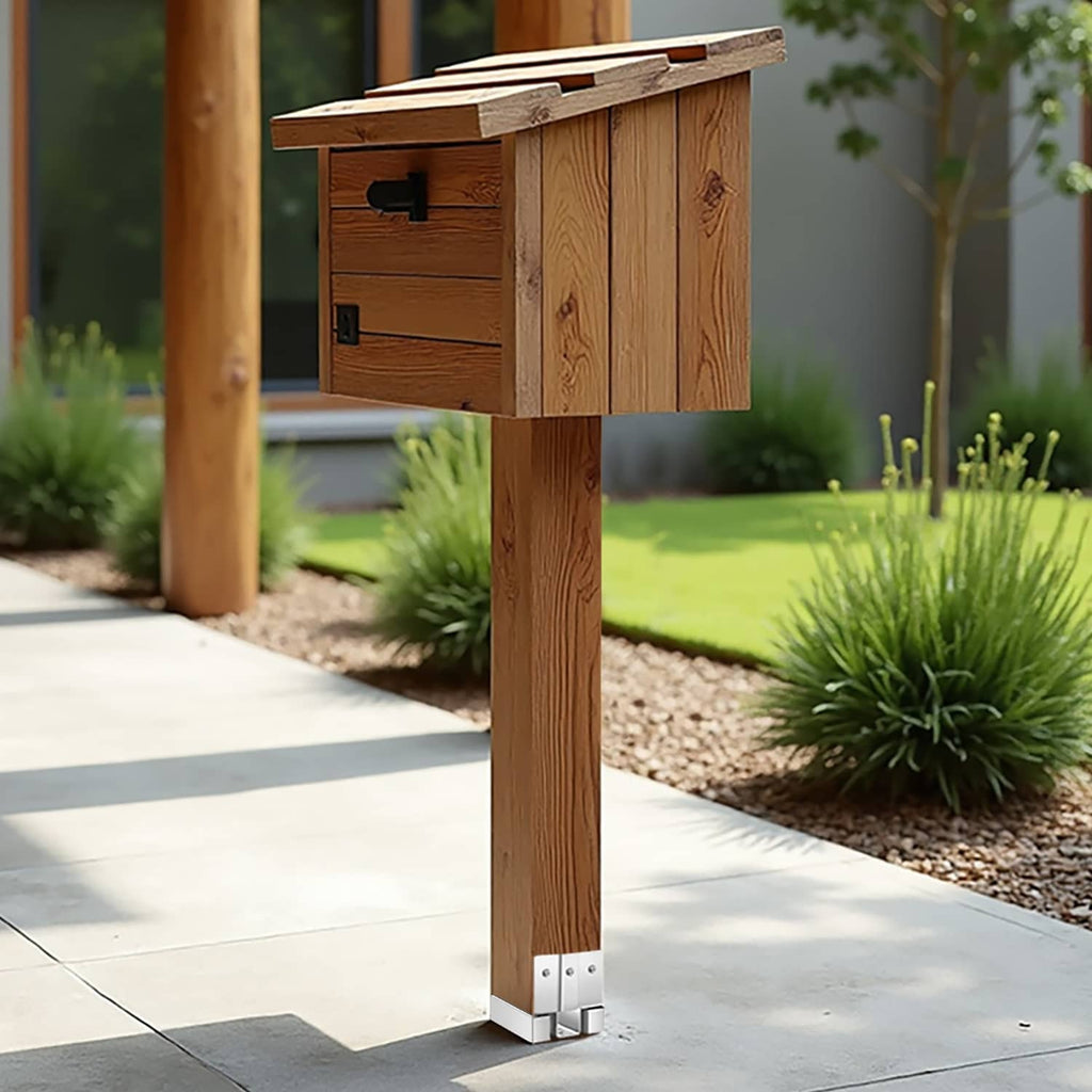 Installed steel 4x4 post base bracket securing a wood post on a concrete surface