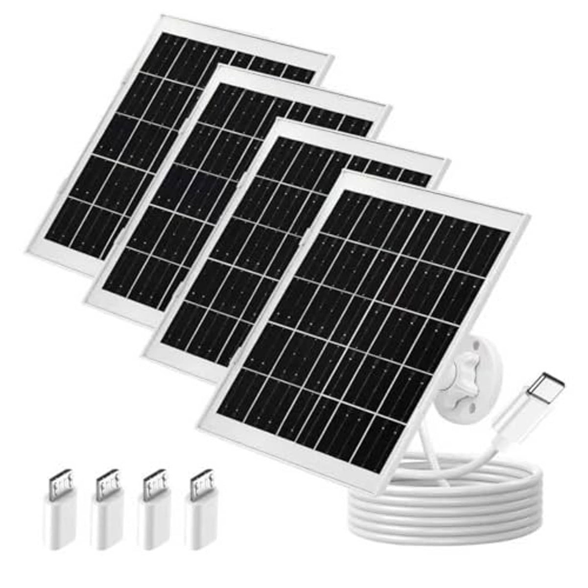 Solar panel kit with four black photovoltaic panels and white charging cable