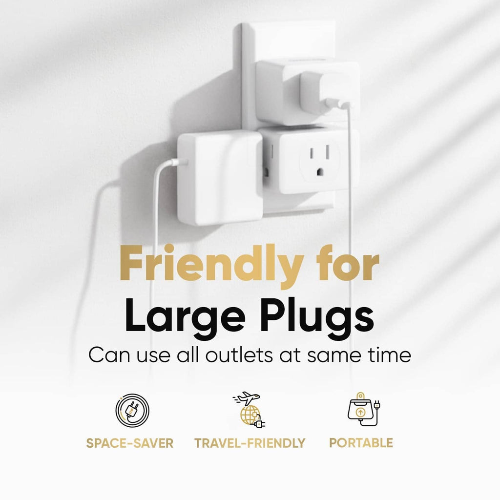 White 3-way outlet extender showing outlets for large plugs, multi-adapter setup