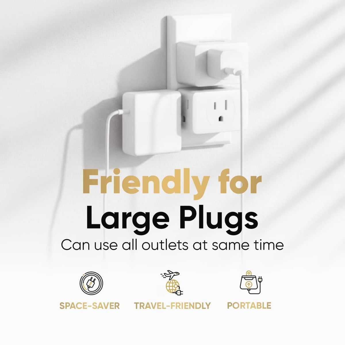 White 3-way outlet extender showing outlets for large plugs, multi-adapter setup