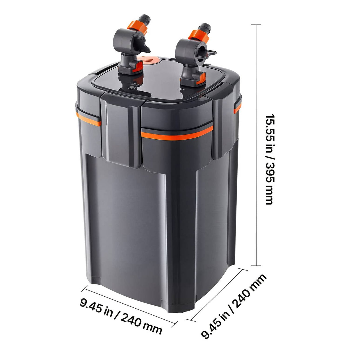 External aquarium canister filter with dual top ports and height/length dimension markings