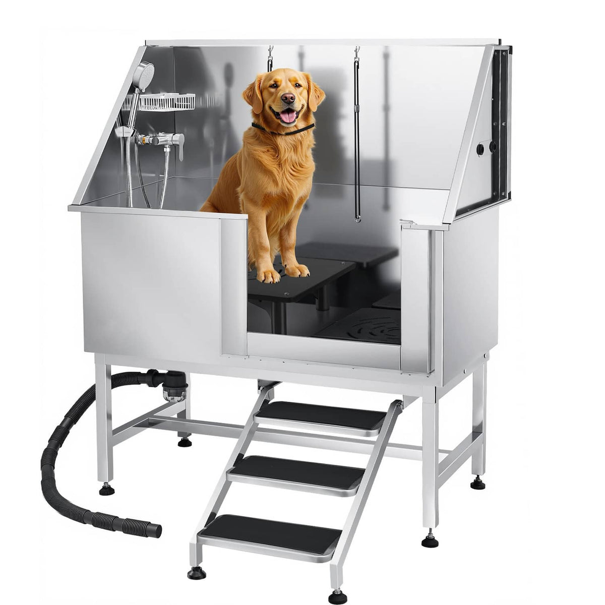 Stainless steel pet grooming tub with built-in right stairs and hose drain