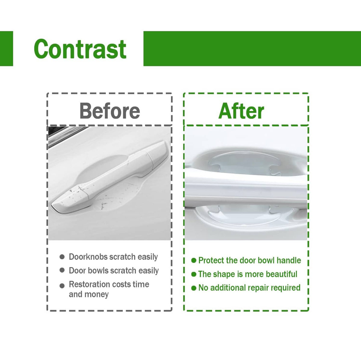 Clear door handle protector applied over the handle bowl for scratch protection