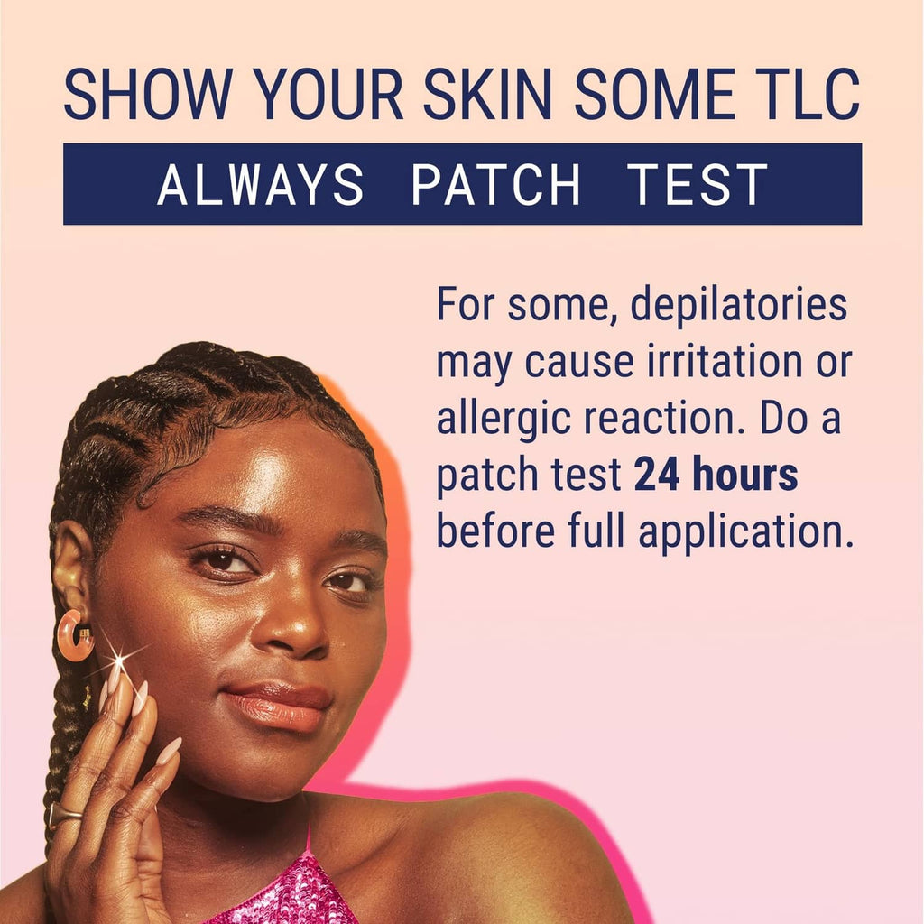 Hair remover face cream patch test instruction graphic with woman and 24-hour note