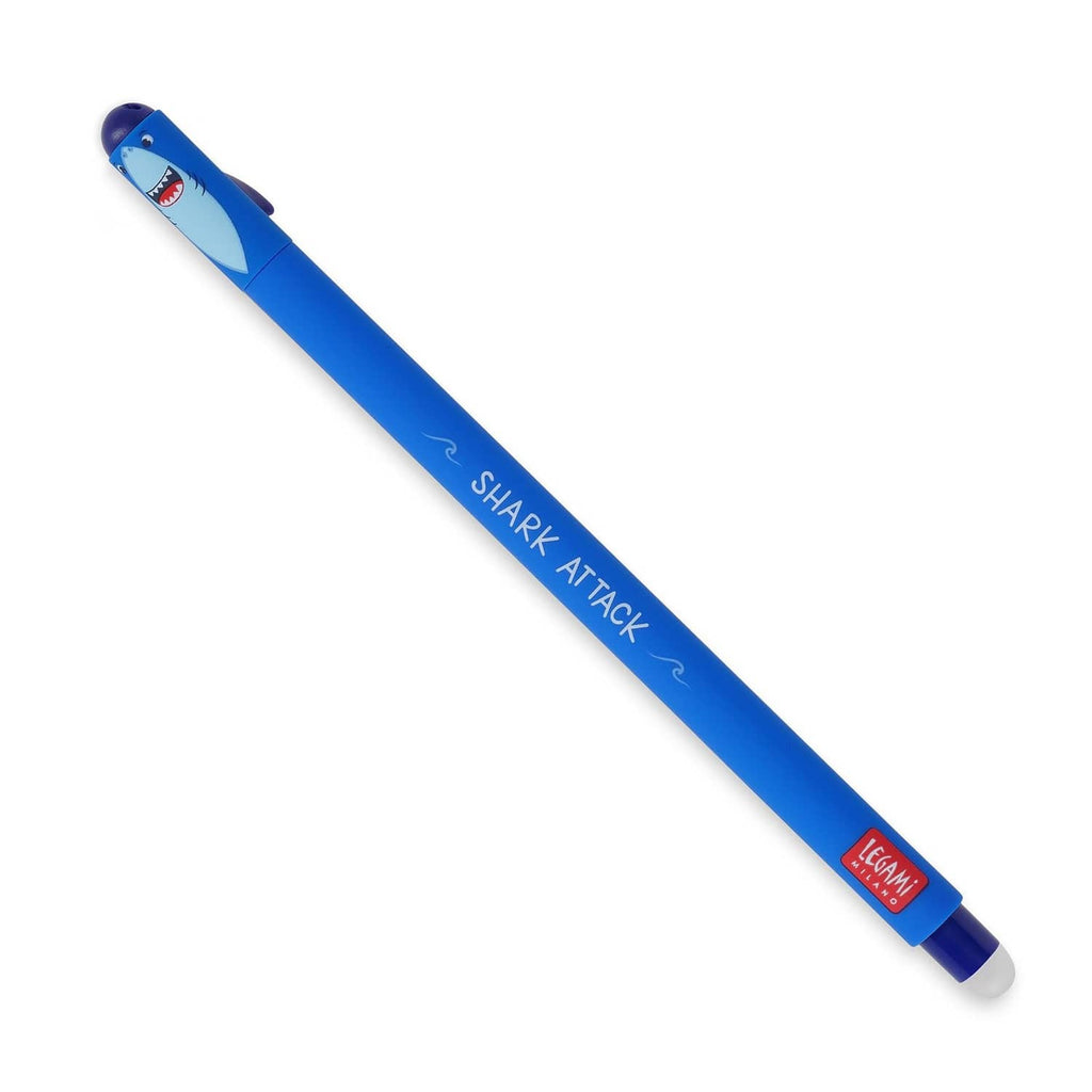 Legami shark erasable gel pen, blue body, white eraser tip, 0.7 mm nozzle