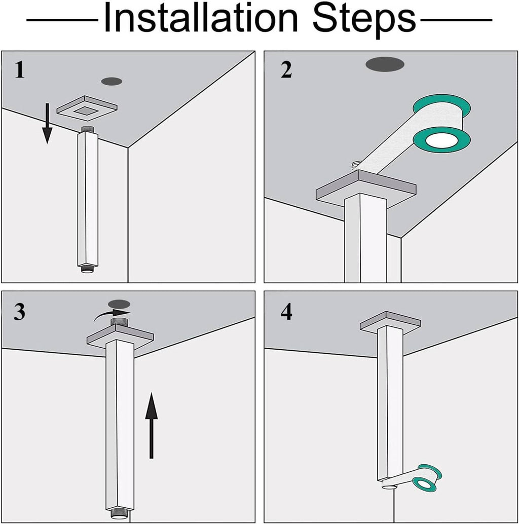 Ceiling mount shower arm extension showing installation sequence diagrams