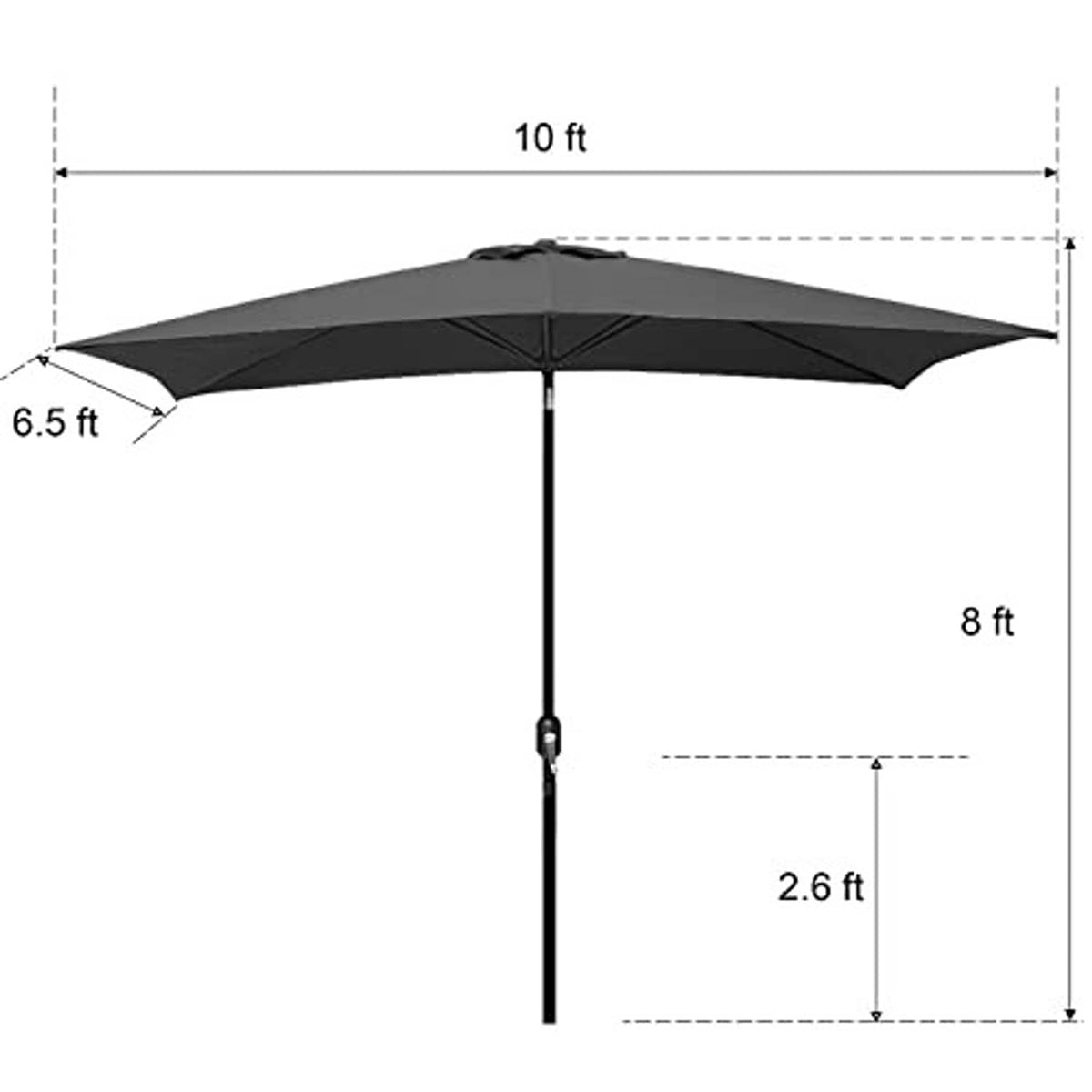 Black patio umbrella with canopy dimensions 10 ft x 6.5 ft and 8 ft height