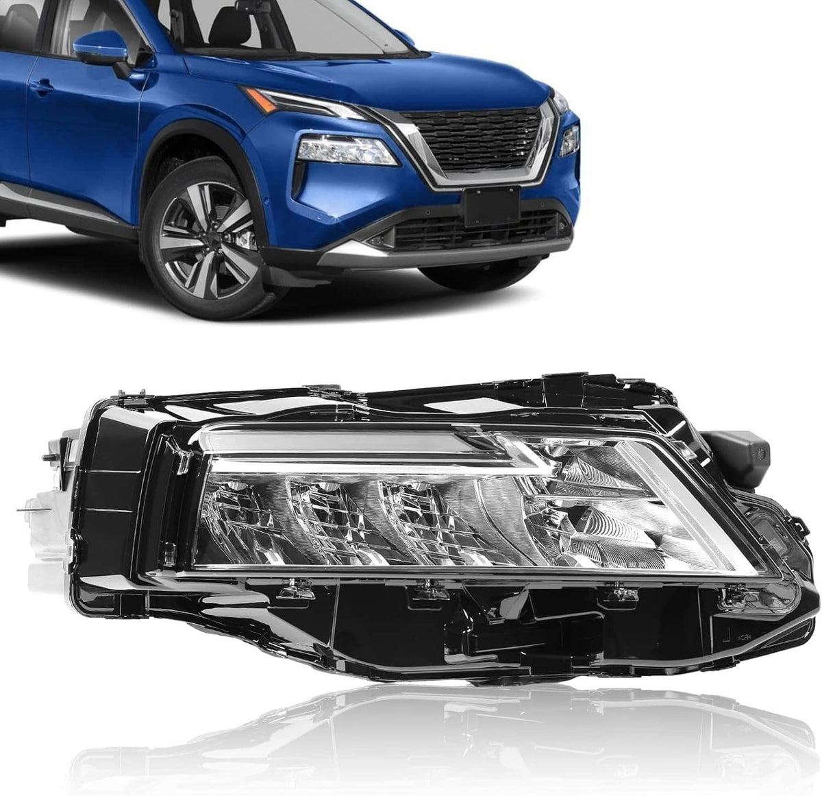 Right LED headlight assembly front with clear lens and chrome reflector elements