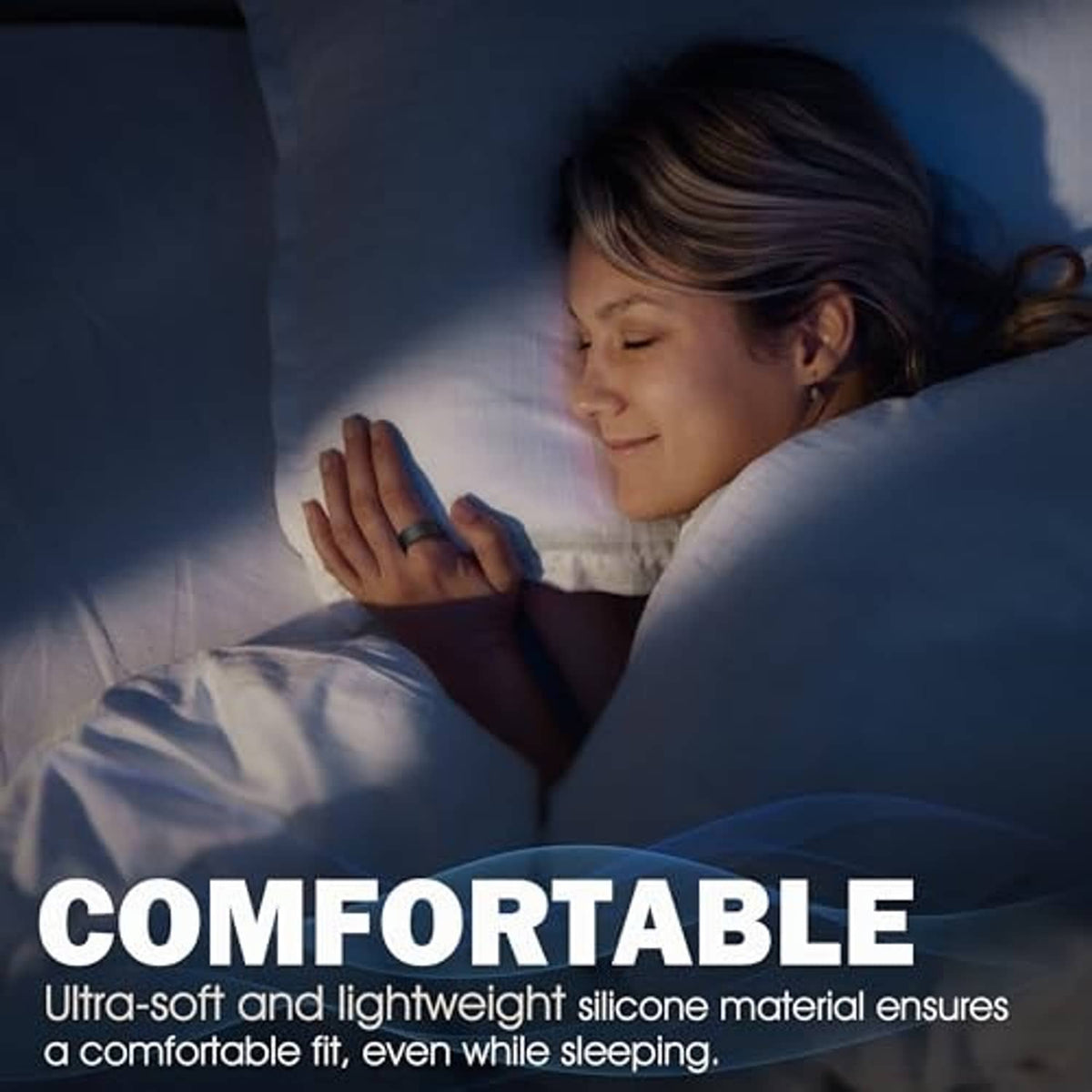 Silicone ring cover on a finger during sleep for a snug, comfortable fit