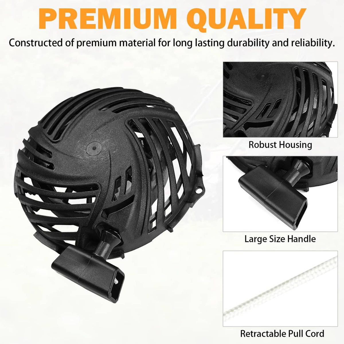 Black recoil starter housing with molded vents and side pull handle