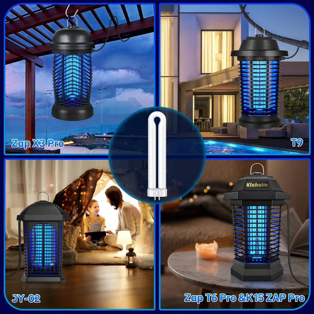 Blue-lit replacement bug zapper bulb inside a lantern-style zapper device
