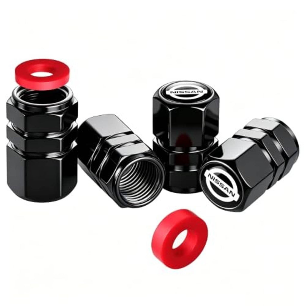 Black metal tire valve stem caps with Nissan logo plus red rubber valve caps (set)