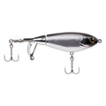 Topwater fishing lure in silver and dark gray with cupped propeller tail and two hooks