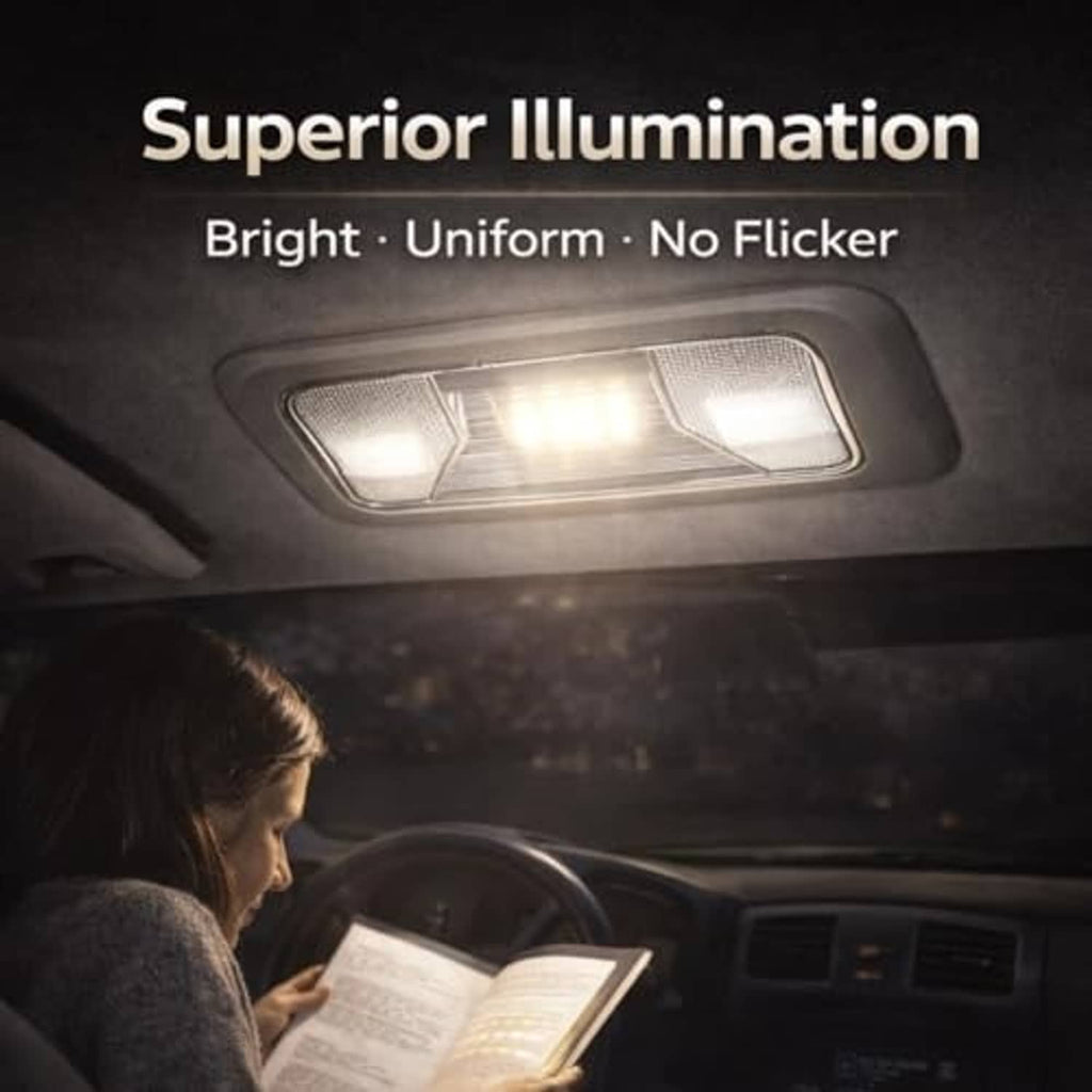 Car dome LED ceiling light casting warm glow above the dashboard area