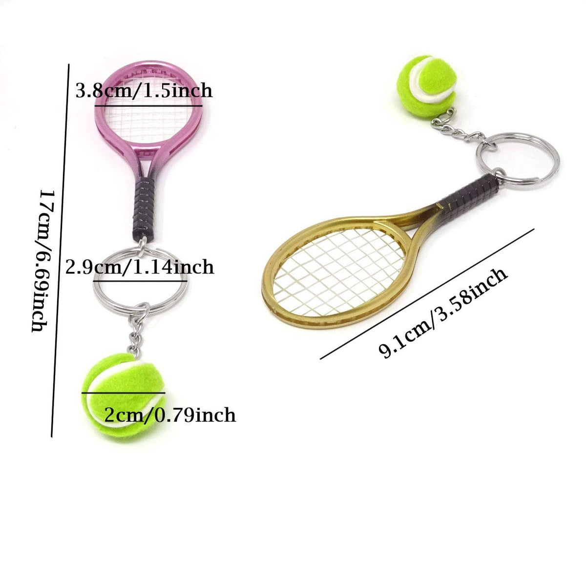 Mini tennis racket keychains: pink and gold rackets with green tennis-ball charms and key rings
