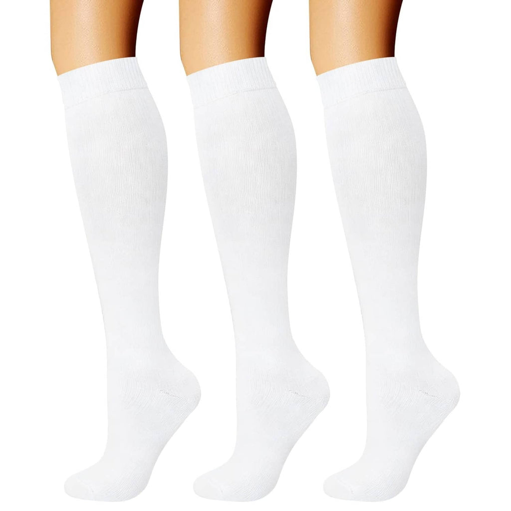 Three pairs of white graduated compression socks, crew length, L/XL