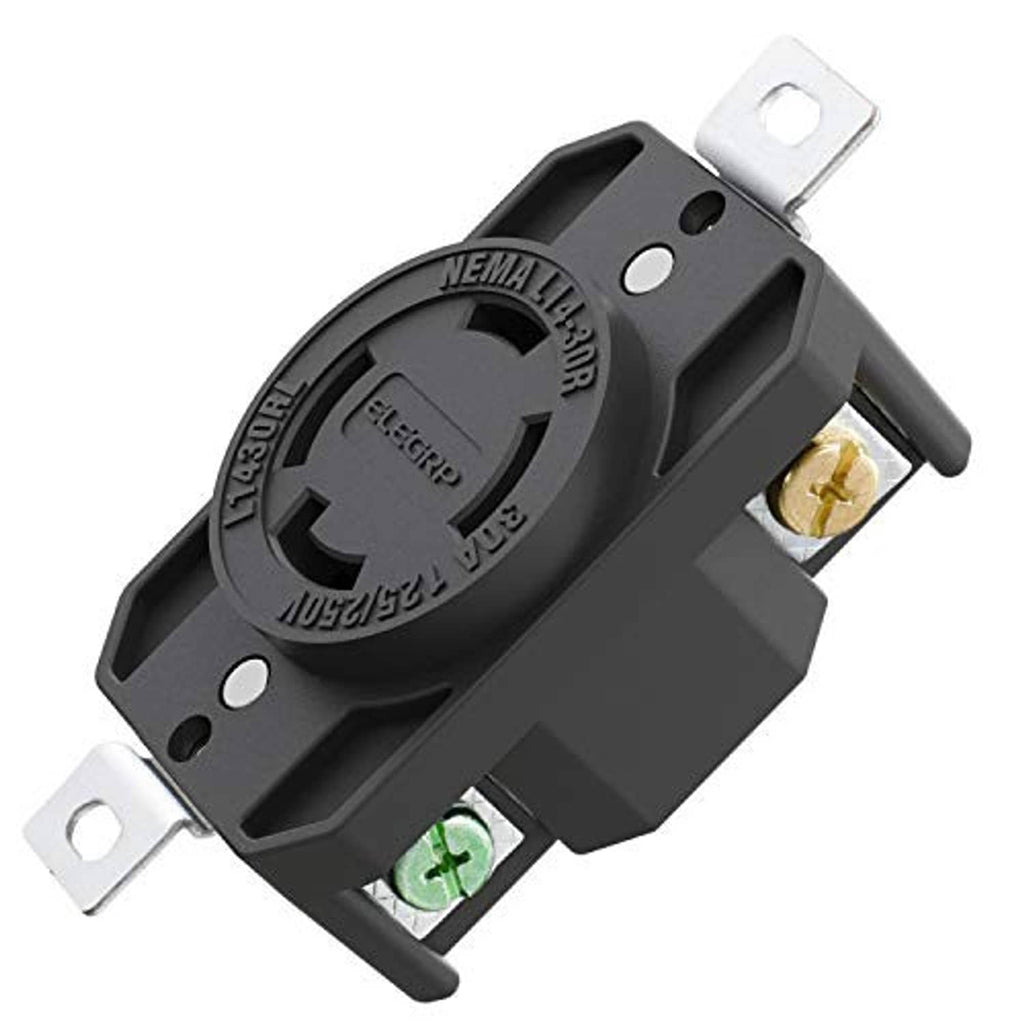 Locking NEMA receptacle, dark gray housing with brass contact opening and metal mounting tabs