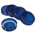 Sapphire blue plastic mason jar lids with ridged grip and flat top