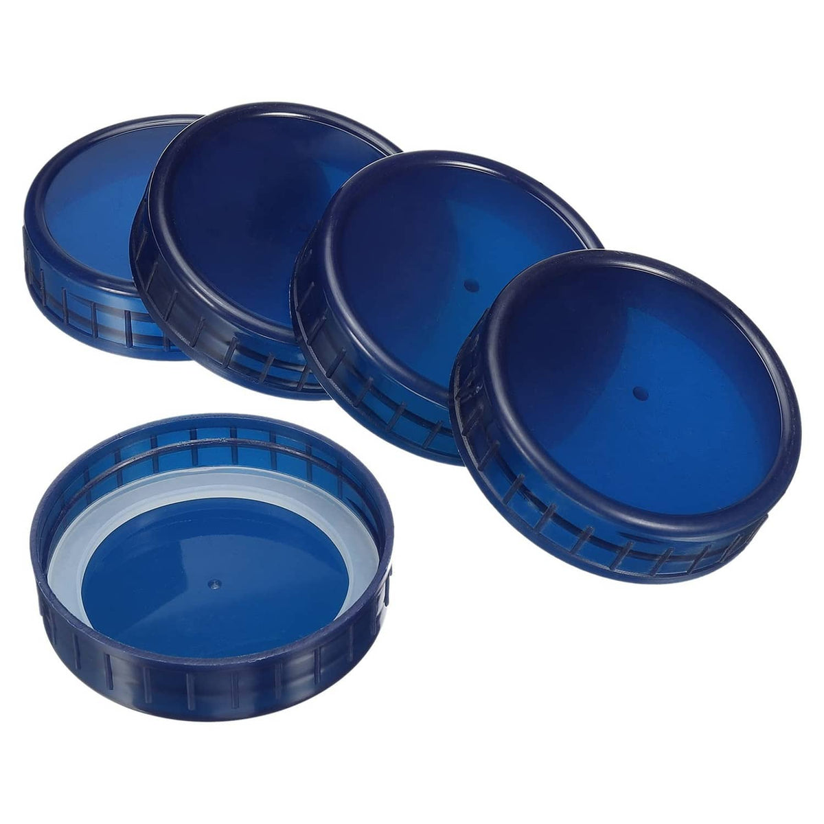 Sapphire blue plastic mason jar lids with ridged grip and flat top