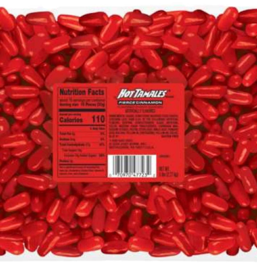 Hot Tamales cinnamon candies close-up, red candy pieces with nutrition label showing
